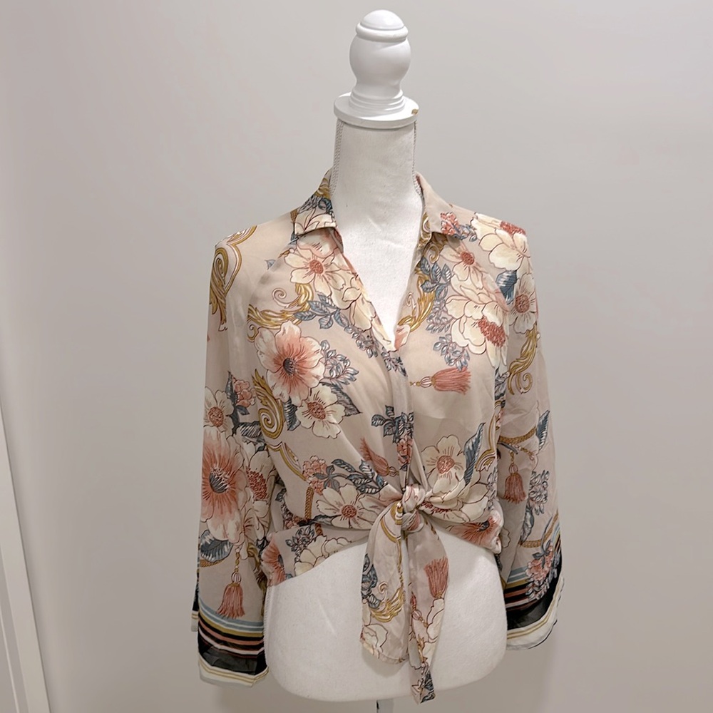 Wide Sleeve Tie Front Blouse